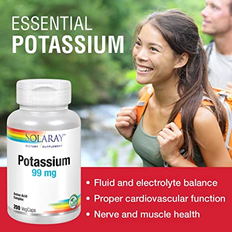 Solaray Potassium 99 mg - Electrolyte Balance Formula - Potassium Supplement for Electrolytes, Vascular and Heart Health Support - 60-Day Money Back Guarantee, Lab Verified, 200 Servings, 200 VegCaps