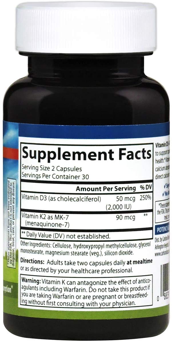 Carlson - Vitamin D3 + K2, 50 mcg (2000 IU) Vitamin D3 &amp; 90 mcg Vitamin K2 as MK7, Bone Support, Calcium Absorption, 60 Capsules