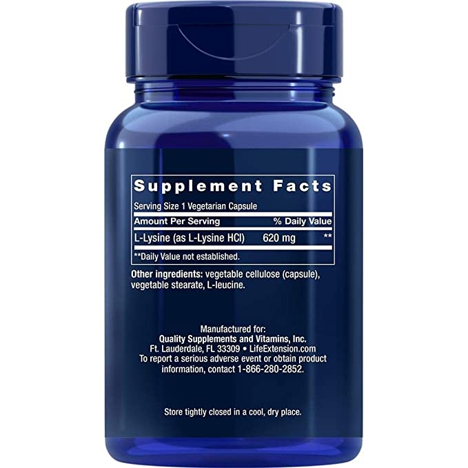 Life Extension L-Lysine, 620 mg, Essential Amino Acid for Healthy nitrogen Balance, Calcium Metabolism, Stress Response & More, Gluten-Free, Non-GMO, Vegetarian, 100 Capsules