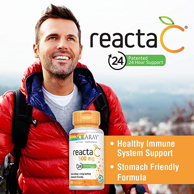 SOLARAY Reacta-C with Vitamin C 500mg - 200mg Bioflavonoid Concentrate, Immune Defense Vitamins - Patented 24 Hour Immune Support Supplement - Vegan - 60 Capsules, 60 Servings