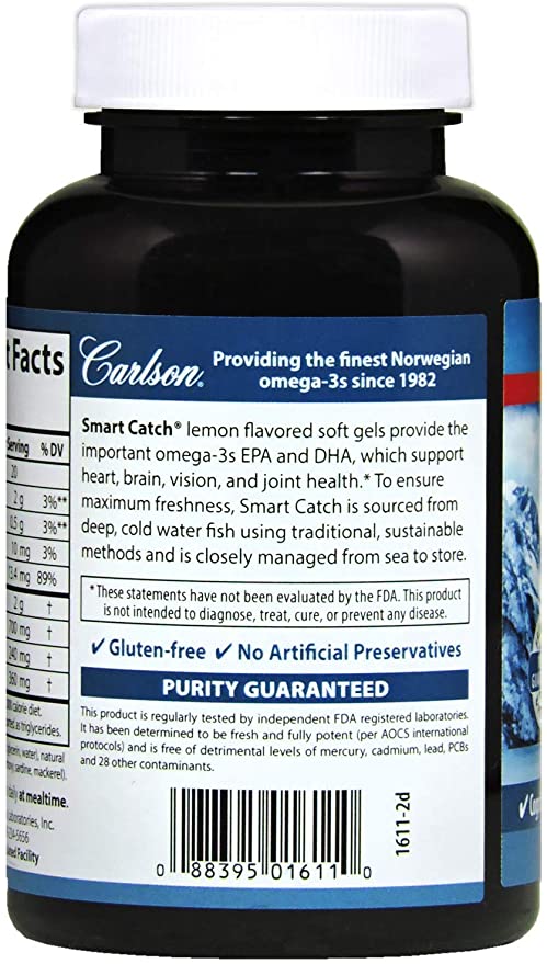 Carlson - Teen's Smart Catch, 700 mg Omega-3s, Cognitive Development, Brain Function & Vision Support, Lemon, 90 Softgels