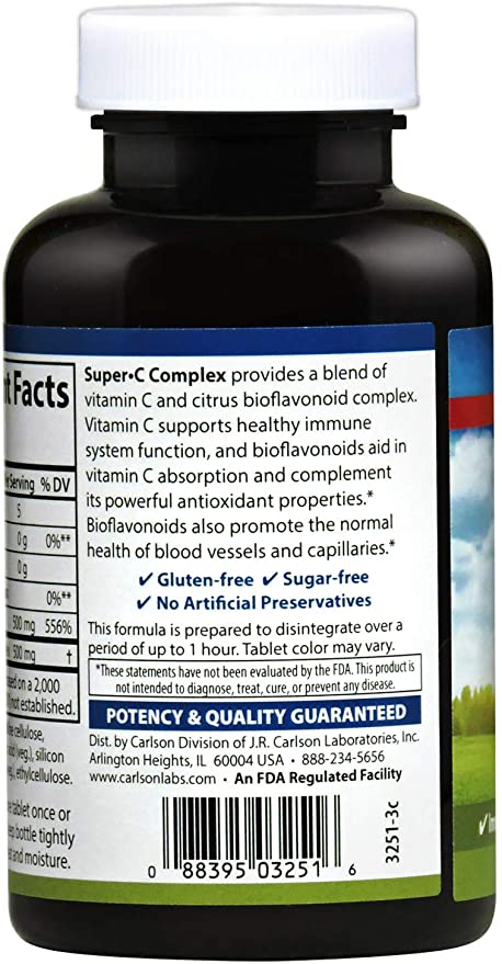 Carlson - Super-C Complex, Vitamin C + Bioflavonoids, Immune Function &amp; Optimal Wellness, Antioxidant, 100 Vegetarian Tablets