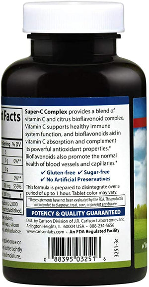 Carlson - Super-C Complex, Vitamin C + Bioflavonoids, Immune Function & Optimal Wellness, Antioxidant, 100 Vegetarian Tablets