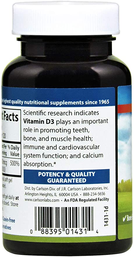 Carlson - Vitamin D3, 4000 IU (100 mcg), Vitamin D Supplements, Bone &amp; Immune Health, Cholecalciferol Supplement, Gluten Free Vitamin D Capsules, 120 Softgels