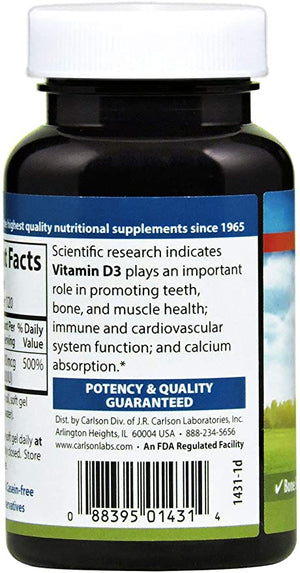Carlson - Vitamin D3, 4000 IU (100 mcg), Vitamin D Supplements, Bone & Immune Health, Cholecalciferol Supplement, Gluten Free Vitamin D Capsules, 120 Softgels