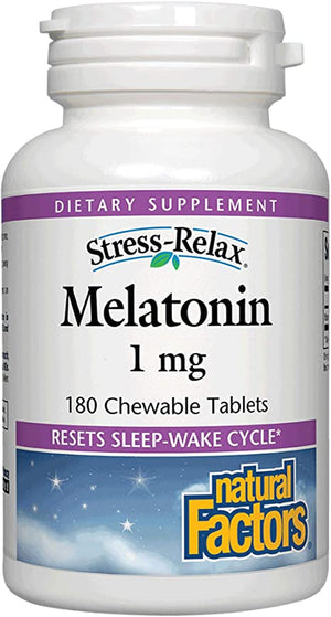 Stress-Relax Melatonin 1 mg by Natural Factors, Natural Sleep Aid, Resets The Sleep-Wake Cycle, 180 chewable Tablets (180 Servings), Peppermint Flavor