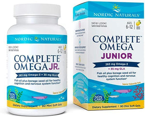 Nordic Naturals Complete Omega Jr, Lemon - 90 Mini Soft Gels - 283 mg Total Omega-3s & 35 mg GLA - Healthy Cognition, Nervous System Function - Non-GMO - 45 Servings - Discount Nutrition Store