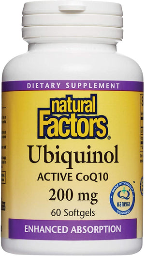 Natural Factors, Ubiquinol Active CoQ10 200mg, Coenzyme Q10 Supplement for Energy, Heart and Cognitive Support, Gluten Free, 60 softgels