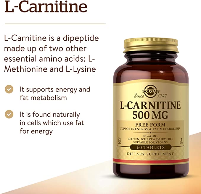 Solgar L-Carnitine 500 mg - 60 Tablets - Non-GMO, Vegan, Gluten Free, Dairy Free, Kosher - 30 Servings