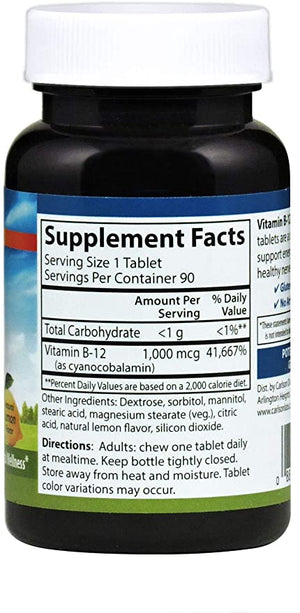 Carlson - Chewable B-12, 1000 mcg, Energy Production & Nerve Function, Optimal Wellness, Lemon, 90 Tablets