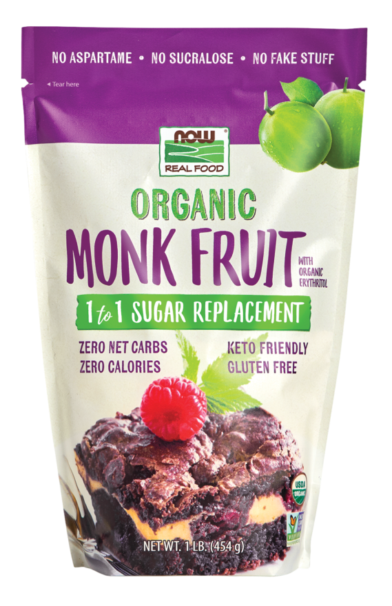NOW Foods, Organic Monk Fruit With Erythritol Powder, 1 to 1 Sugar Replacement, 1-Pound
