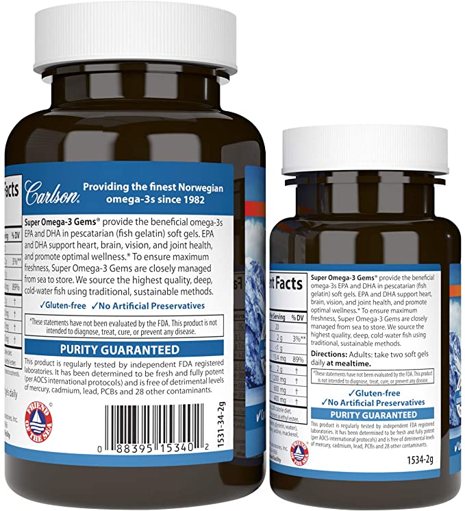 Carlson Super Omega-3 Gems, Pescetarian, Norwegian, 1,200 mg Omega-3s, 100 + 30 Soft Gels
