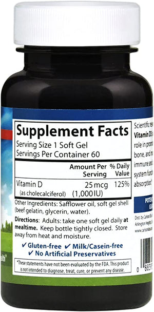 Carlson - Vitamin D3, 1000 IU (25 mcg), Immune Support, Bone Health, Muscle Health, Cholecalciferol, Vitamin D Supplements, Vitamin D3 Soft Gels, 60 Softgels