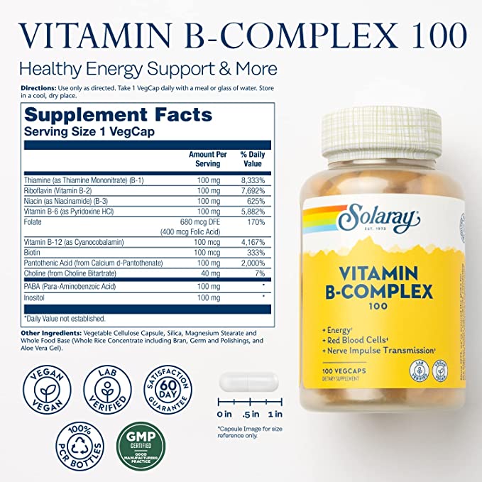 Solaray Vitamin B-Complex 100 mg, Healthy Energy, Blood Cell Formation &amp; Nerve Impulse Transmission Support, 100 VegCaps (100 Count)