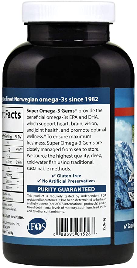 Carlson - Super Omega-3 Gems, 1200 mg Omega-3s, Cardiovascular Support, Brain Function &amp; Vision Health, 180 soft gels