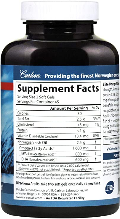 Carlson Elite Omega-3 Gems, 1600mg Omega-3s with EPA & DHA, Wild-Caught Norwegian Fish Oil, Lemon Flavor, 90 Softgels