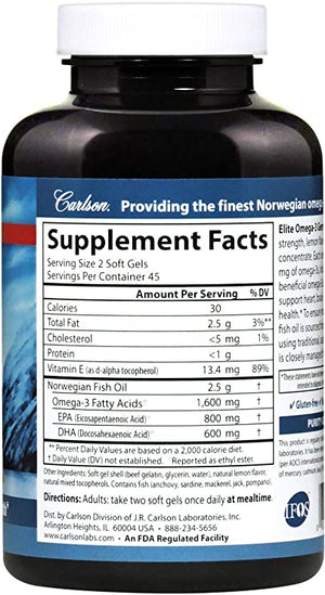 Carlson - Elite Omega-3 Gems, 1600 mg Omega-3 Fatty Acids Including EPA and DHA, Norwegian, Wild-Caught Fish Oil Supplement, Sustainably Sourced Omega 3 Fish Oil Capsules, Lemon, 90 Softgels