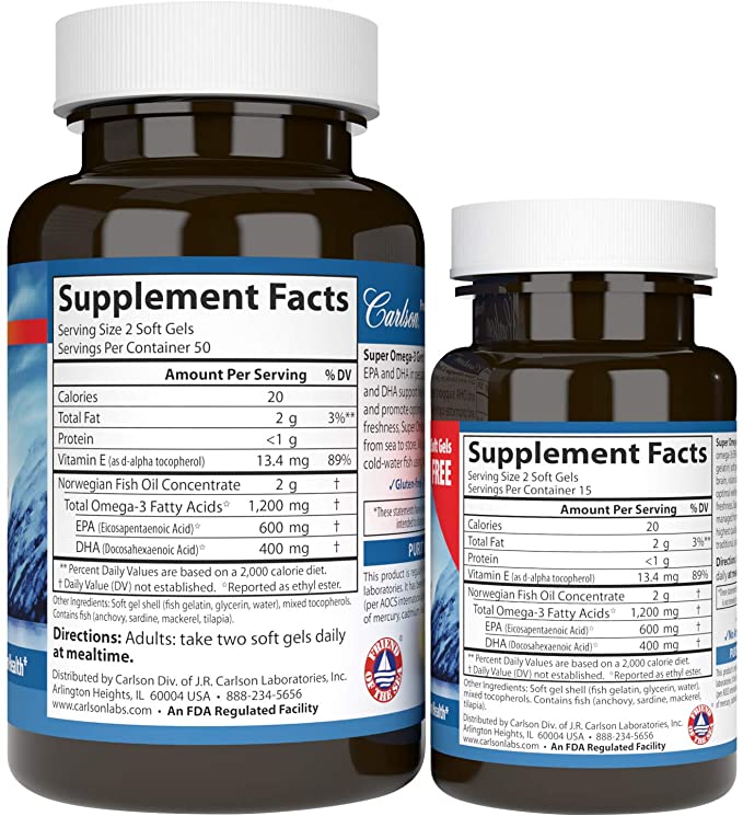 Carlson Super Omega-3 Gems, Pescetarian, Norwegian, 1,200 mg Omega-3s, 100 + 30 Soft Gels