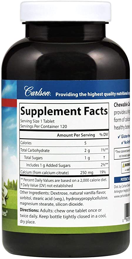 Carlson Chewable Calcium Vanilla, 250 mg, 120 Tablets