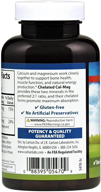 Carlson - Chelated Cal-Mag, 2:1 Calcium to Magnesium Ratio, Bone Support, Muscle Function &amp; Energy Production, 60 Tablets