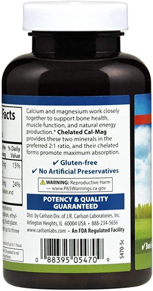 Carlson - Chelated Cal-Mag, 2:1 Calcium to Magnesium Ratio, Bone Support, Muscle Function & Energy Production, 60 Tablets