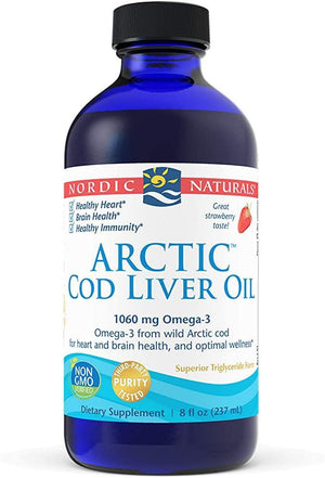 Nordic Naturals Arctic Cod Liver Oil, Strawberry - 8 oz - 1060 mg Total Omega-3s with EPA & DHA - Heart & Brain Health, Healthy Immunity, Overall Wellness - Non-GMO - 48 Servings - Discount Nutrition Store