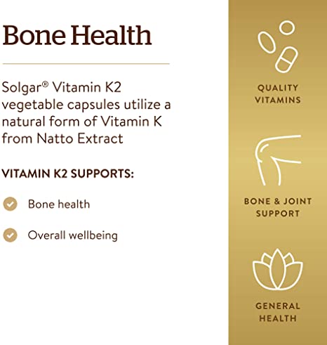 Solgar Naturally Sourced Vitamin K2 (MK-7) 100 mcg - 50 Vegetable Capsules - Supports Bone Health - Whole Food Source from Natto Extract - Non-GMO, Gluten Free - 50 Total Servings