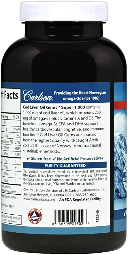 Carlson - Cod Liver Oil Gems, Super 1000 mg, 250 mg Omega-3s, 400 IU (10 mcg) Vitamin D3, Wild Caught Norwegian Arctic Cod Liver Oil, Nordic Fish Oil Capsules, 250 Softgels