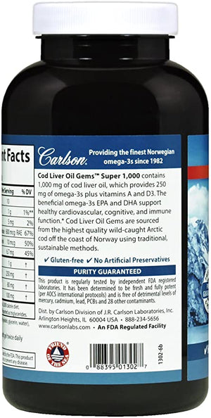 Carlson Cod Liver Oil Gems Super, 1000 mg, 250 Softgels