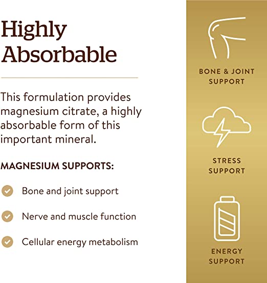 Solgar Magnesium Citrate, 120 Tablets - Promotes Healthy Bones - Supports Nerve &amp; Muscle Function - Non GMO, Vegan, Gluten Free, Dairy Free, Kosher - 60 Servings