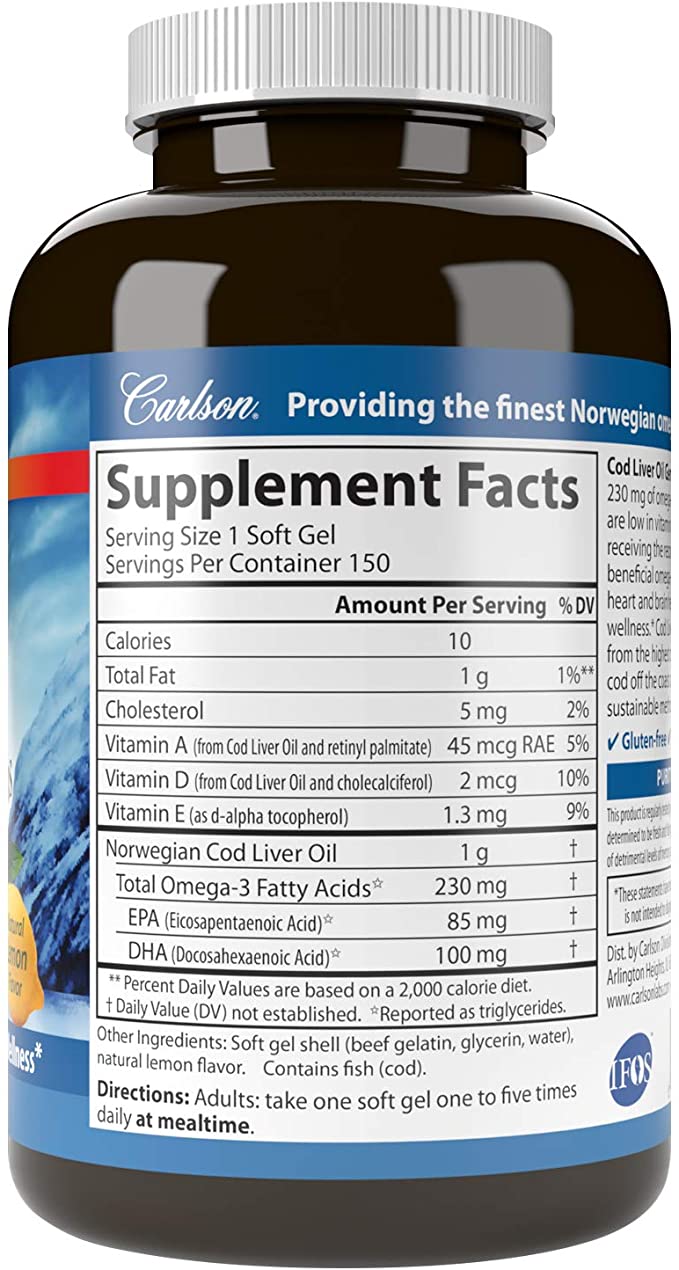 Carlson - Cod Liver Oil Gems, Low Vitamin A, 230 mg Omega-3s, Norwegian, Wild Caught, Sustainably Sourced, 300 Softgels