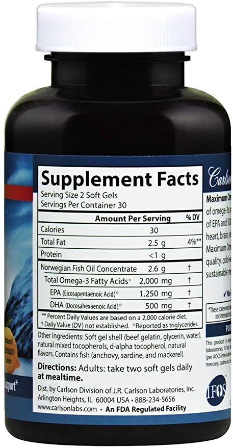 Carlson - Maximum Omega 2000, 2000 mg Omega-3 Fatty Acids Including EPA and DHA, Wild-Caught, Norwegian Fish Oil Supplement, Sustainably Sourced Fish Oil Capsules, Lemon, 60 Softgels