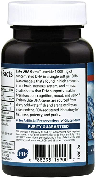 Carlson - Elite DHA Gems, 1000 mg DHA, Supports Healthy Brain Function &amp; Vision, 30 soft gels