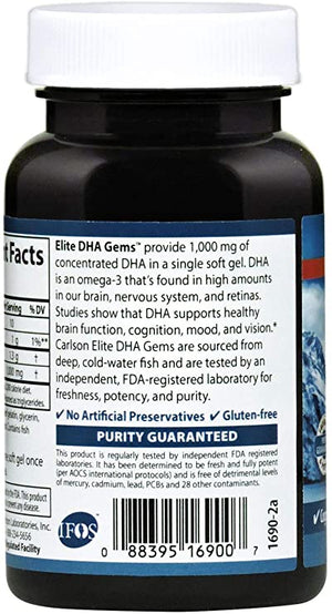 Carlson - Elite DHA Gems, 1000 mg DHA, Supports Healthy Brain Function & Vision, 30 soft gels