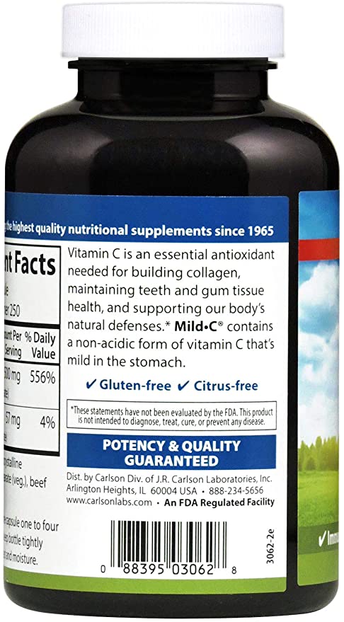Carlson - Mild-C, 500 mg Buffered Vitamin C, Immune Support &amp; Optimal Wellness, Antioxidant, 250 capsules
