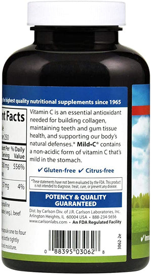 Carlson - Mild-C, 500 mg Buffered Vitamin C, Immune Support & Optimal Wellness, Antioxidant, 250 capsules