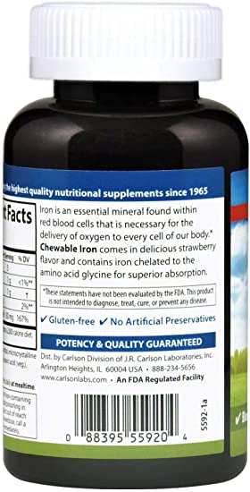 Carlson - Chewable Iron, 30 mg, Superior Absorption, Blood Health, Energy Production &amp; Optimal Wellness, Chewable Iron Supplement for Women &amp; Men, Natural Strawberry Flavor, 120 Tablets