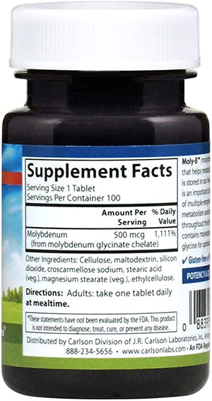 Carlson - Moly-B, Chelated Molybdenum, Metabolism Support, Enzyme Activation, 100 Vegetarian Tablets