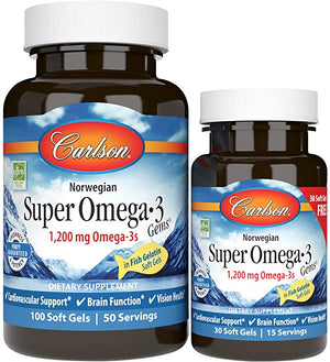 Carlson Super Omega-3 Gems, Pescetarian, Norwegian, 1,200 mg Omega-3s, 100 + 30 Soft Gels