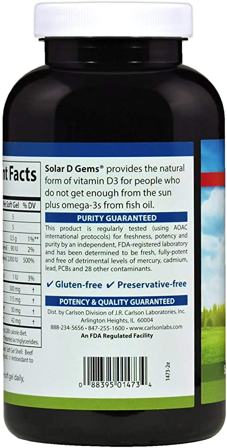 Carlson - Solar D Gems, Vitamin D3 and Omega-3 Supplement, 2000 IU (50 mcg) Vitamin D3, 115 mg Omega-3s EPA and DHA Supplement, Wild Caught, Sustainably Sourced, Lemon, 360 Softgels