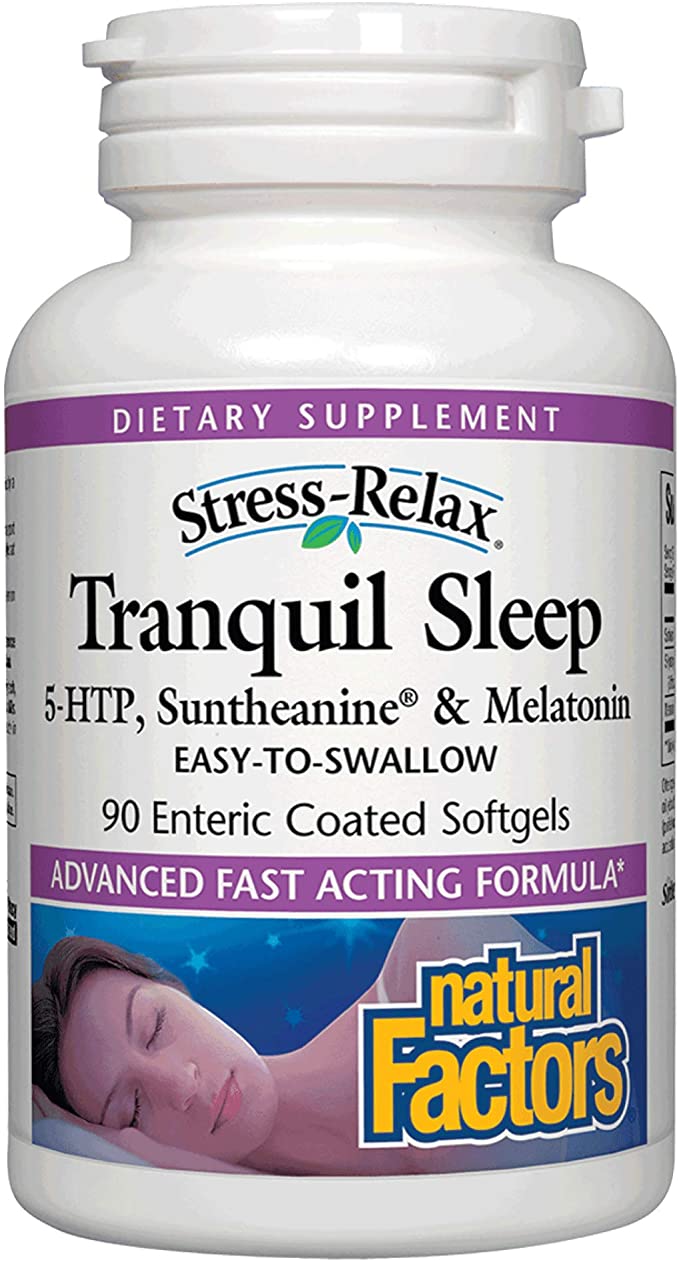 Stress-Relax Tranquil Sleep by Natural Factors, Sleep Aid with Suntheanine L-Theanine, 5-HTP, Melatonin, 90 Softgels