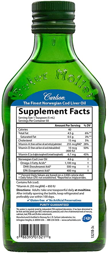 Carlson - Cod Liver Oil 1100 mg Omega-3s Plus Vitamins A &amp; D3 - Wild Caught EPA DHA Omega 3 Supplement - Norwegian Arctic, Sustainably Sourced Nordic Fish Oil Liquid, Unflavored, 250 mL (8.4 Fl Oz)