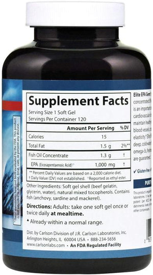 Carlson - Elite EPA Gems, 1000 mg EPA Fish Oil, Wild-Caught, Norwegian Fish Oil Supplement, Sustainably Sourced, Helps Maintain Healthy Triglyceride Levels, 60 Softgels