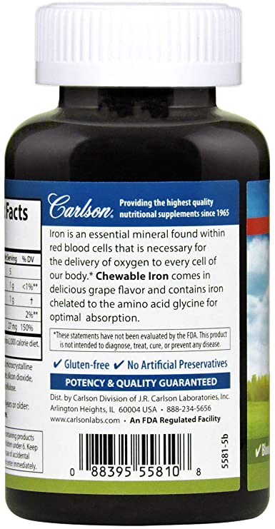 Carlson - Chewable Iron, 27 mg - Superior Absorption, Blood Health, Energy Production & Optimal Wellness, Grape, 60 tablets