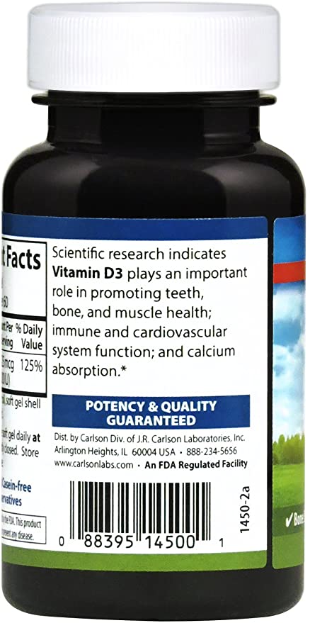 Carlson - Vitamin D3, 1000 IU (25 mcg), Bone Health, Muscle Health, Cholecalciferol, Vitamin D Supplements, Vitamin D3 Soft Gels, 60 Softgels