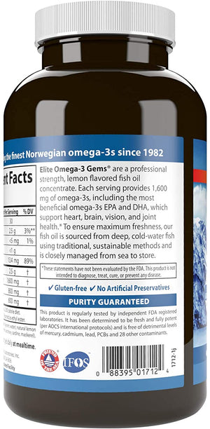 Carlson Elite Omega-3 Gems, Norwegian, 1, 600 mg Omega-3s, Soft Gels, 180 Count