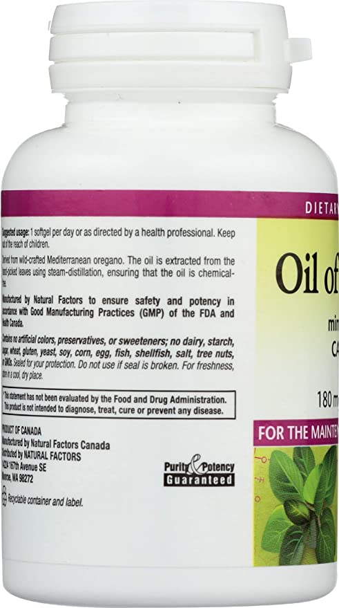 Natural Factors Oil of Oregano 180 mg, Helps Maintain Good Health with Extra Virgin Olive Oil, 60 Softgels
