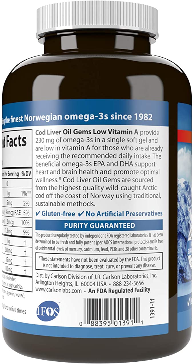 Carlson - Cod Liver Oil Gems, Low Vitamin A, 230 mg Omega-3s, Norwegian, Wild Caught, Sustainably Sourced, 300 Softgels