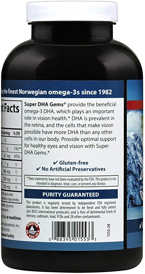 Carlson Super DHA Gems - 500 mg DHA Supplements, 640 mg Fatty Acids, Norwegian Fish Oil Concentrate, Wild-Caught, Sustainably Sourced Fish Oil Capsules, 240 Softgels