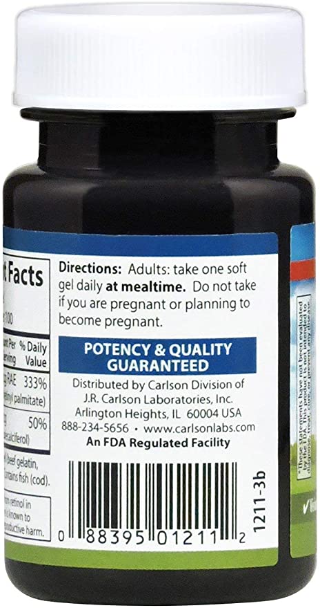 Carlson - A &amp; D, 10000 IU (3000 mcg RAE) Vitamin A, 400 IU (10 mcg) Vitamin D3, Vision Support, Skin Health, 100 Soft Gels